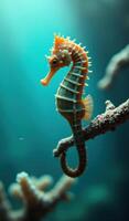 A seahorse is sitting on a branch in the ocean photo