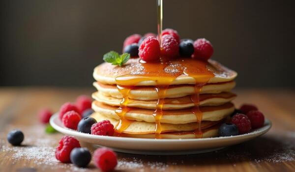 Pancakes with syrup and berries on a plate photo