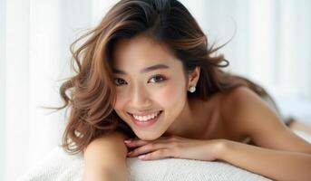 Beautiful asian woman smiling while laying on bed photo