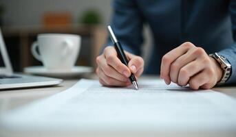 A person is writing on a piece of paper with a pen photo