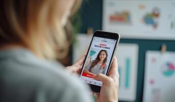 A woman holding up a smartphone with a of a woman on the screen photo