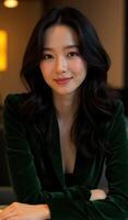 An asian woman in a green velvet jacket sitting at a table photo