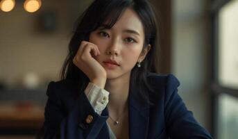 A woman in a blue suit sitting at a table photo