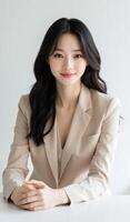 Young asian woman in business suit sitting at desk photo