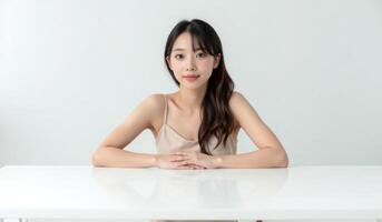 Asian woman sitting at a table with her hands crossed photo