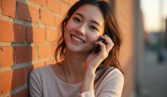 A woman is smiling while talking on a cell phone photo