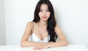 An asian woman in a white top sitting at a table photo