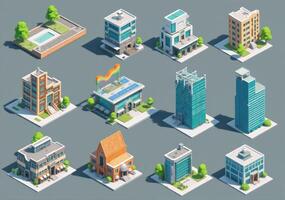 Isometric city buildings set of buildings, buildings, buildings, buildings, buildings, buildings, buildings photo