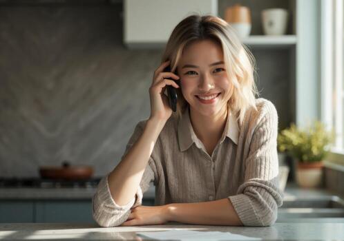 A woman is smiling while talking on the phone photo