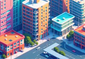 An isometric view of a city with buildings and cars photo