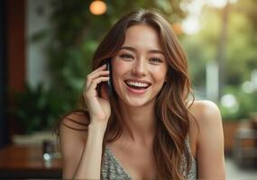 A woman is smiling while talking on her phone photo