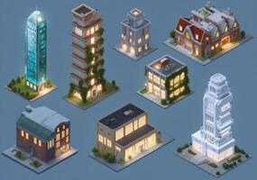 Isometric city buildings with lights and windows photo