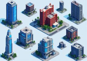 Isometric city buildings set photo