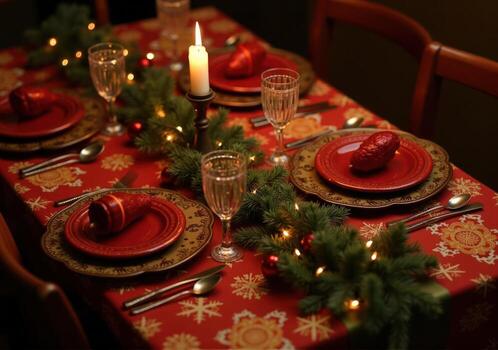 A table set for christmas dinner with red plates and place settings photo