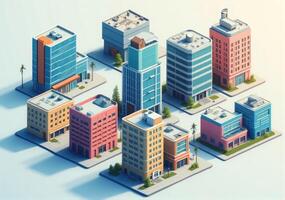 Isometric city buildings with windows and doors photo