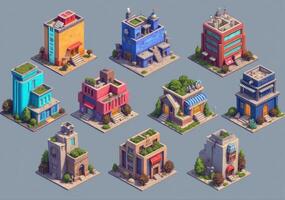 Isometric city buildings with different colors photo