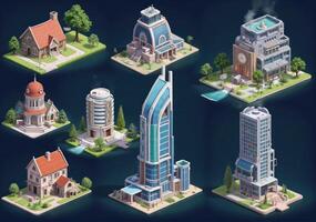 Isometric city buildings set photo