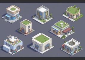 Isometric buildings with grass and trees photo