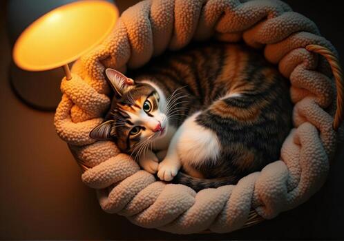 A cat is curled up in a basket under a lamp photo