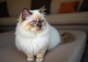 A fluffy cat with blue eyes sitting on a couch photo