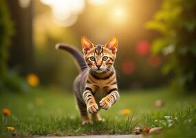 A cat running on the grass in the sunlight photo