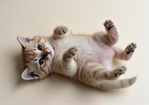 A kitten is laying on its back on a white background photo