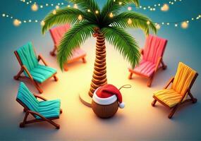 A palm tree and chairs with santa hats on the beach photo