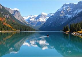 A canoe is floating on a lake surrounded by mountains photo