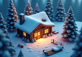 A small cabin in the snow with a light on photo