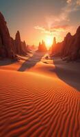 Desert landscape with sand dunes and rocks at sunset photo