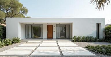 A modern white house with a walkway and a patio photo