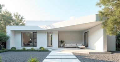 Modern house with white exterior and landscaping photo