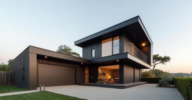 Modern house with black siding and black garage photo