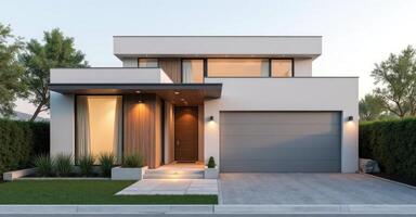 Modern house exterior with a garage and a driveway photo