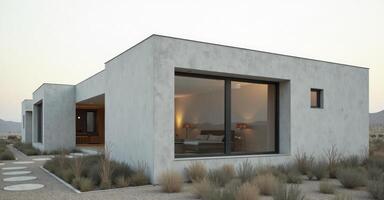 A modern house in the desert with a large window photo