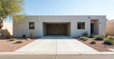 A home with a driveway and a cactus in front photo