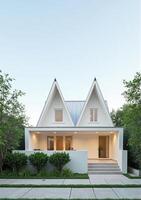 A modern white house with two triangular shaped windows photo