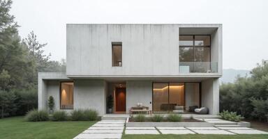 A modern concrete house with a green lawn photo