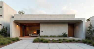 The modern home has a concrete exterior and a concrete walkway photo