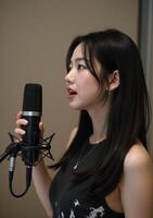 A woman singing into a microphone in front of a microphone photo