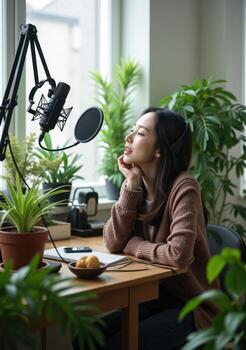 A woman is sitting in front of a microphone and looking up photo