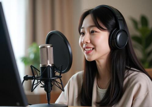 Asian woman with headphones and microphone in front of computer photo