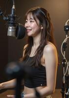 A woman in a recording studio with a microphone photo