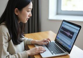 A woman is typing on a laptop computer photo