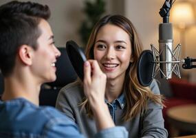 A young woman and man in front of a microphone photo