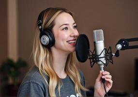 A woman is singing into a microphone photo