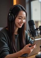 Asian woman using tablet and microphone in front of window photo