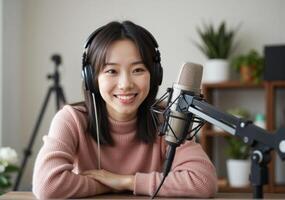 Asian woman in studio with microphone and headphones photo