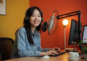 A woman in a studio with headphones and a microphone photo