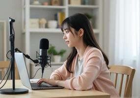 A woman sitting at a table with a laptop and microphone photo